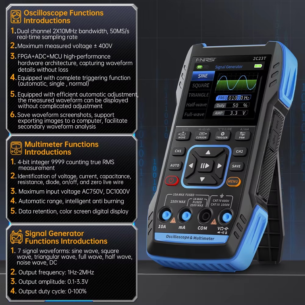 FNIRSI 2C23T 3 in 1 50MS/s 10M - đánh giá và giá Fnirsi Digital Oscilloscope Handheld
